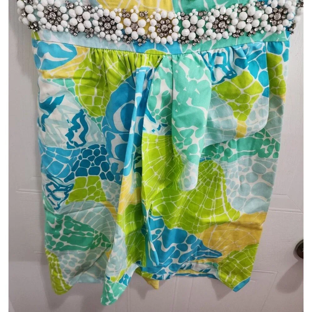 LILLY PULITZER Crystal Beaded Strapless‎ Faux Wrap Pleated Dress Lagoon Green 2 - Picture 4 of 13